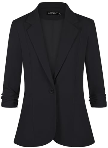 MINTLIMIT Women's Blazer One Button Front Lined Notch Lapel Lightweight 3/4 Ruched Sleeve Casual Wear Office Attire (Black XL)
