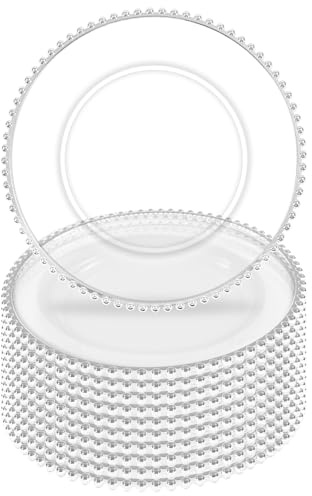 Tomeurperf 10Pcs Silver Rim Clear Charger Plates Bulk Wedding - 13 Premium Clear Plastic Chargers with Silver Beaded Rim，Decorative Dinner Charger Plates for Events & Parties