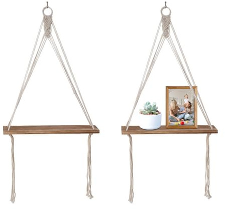 PORFOYO 2 Stück Wandregal Holz Makramee Regal, Makramee Holz, Boho Wandregal, Regal Haengend, Mehrzweck Holzregale, Küche Schwimmende Für Wohnzimmer, Schlafzimmer, Badezimmer,42 * 14cm