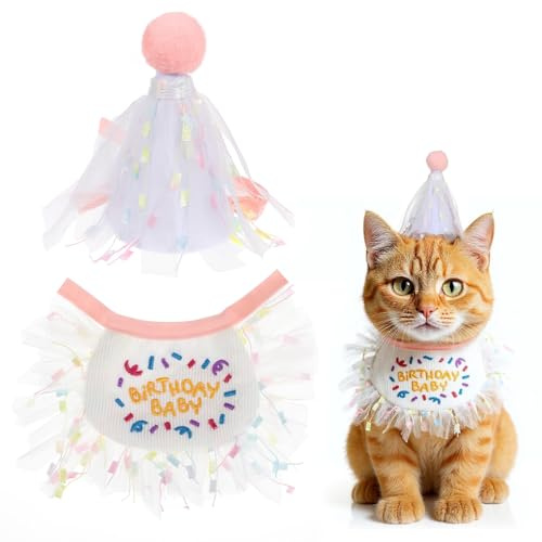 2 Stück Katzen-Geburtstagshut, Bandana, Schal und Partyhut, Mädchen, Katze, Geburtstagshüte und Spitzen-Lätzchen, Outfit, Partyhüte, Mini-Hunde, Katzen, Geburtstage, Netz-Lätzchen, Rosa