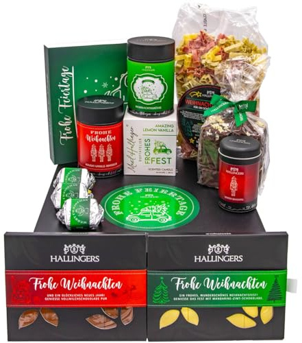 Hallingers Genuss Manufaktur Feinkost Weihnachts-Geschenk-Set - XXL-Geschenkkorb Frohe Feiertage große Selektion Pralinen, Nougat, Tee, Duftkerze, Pasta, Lebkuchen & mehr, Weihnachten für Frauen