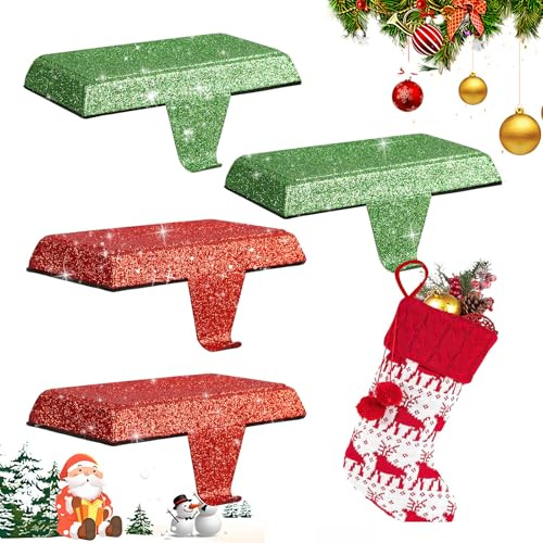 mumisuto Weihnachtsstrumpfhalter, 4er Set Weihnachtsstrumpf Halter, Kaminstrumpf-Kleiderbügel Zum Aufhängen, Glänzende Oberfläche，3 Kg Tragkraft, Geeignet für Weihnachtsdekoration, 2 Rote und 2 Grüne