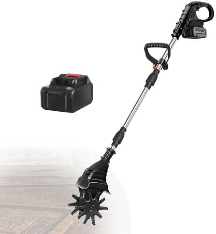 Cordless Electric Garden Tiller Cultivator with 21V Battery, Double & Four Blade Design, Includes 1 Batteries for Enhanced Gardening Efficiency