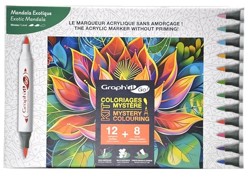 Graph'it Go - Kit Coloriage Mystère 12 marqueurs acryliques sans amorçage, double pointe pinceau et fine + 8 cartes A4 de coloriage mystère à colorier - Set Exotic Mandala