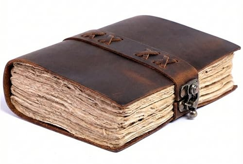 LÄDER KART läderbunden vintage dagbok för kvinnor och män – bok med skuggor – låsstängning – 200 sidor med antika däckkanter handgjorda papper – nödställt brunt – 18 x 12,7 cm