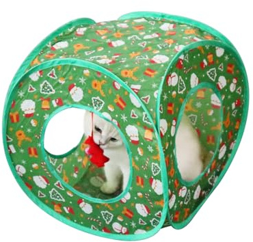 Andiker Tente pop-up pour chat, 3 trous, sûr et solide, tunnel pliable, facile à transporter, maison pour chat d'intérieur, chaton, cachette, entraînement (carré de Noël)