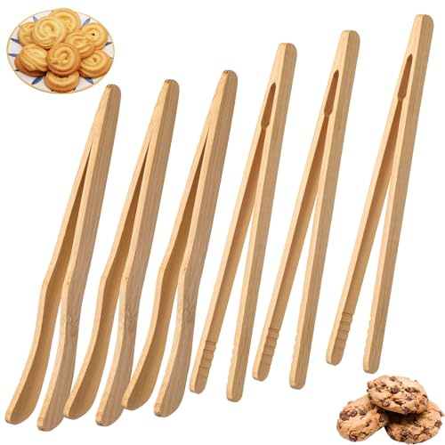6 Stück Bambus-Toastzange Mini Toasterzangen-Set Mehrzweck Zange Küche Kochzange Holz Wiederverwendbar Holzzange für Brot Gurken Salat Snack Käse Pasta Früchte Zucker Muffin Zubehör
