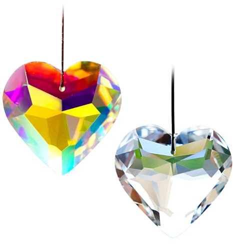 Sonnenfänger Kristall, 2Pcs Herz Kristalle zum Aufhängen 45mm Suncatcher Transparent und Farbe Prisma Sonnenfänger Basteln Bastelset Kristall für Fenster Kronleuchter Feng Shui Geschenk