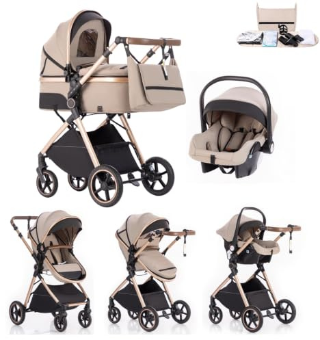 Kakbgee Cochecito 3 en 1 con Silla de Coche, Carrito bebé Plegable, Manillar 7 Alturas, Suspensión 4 Ruedas, Funda de Lluvia y Mosquitera, Sistema de Viaje para Recién Nacidos 0-3 Años (15kg)