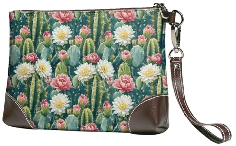 Novastar Small Clutch Purses for Women - Cactus Pink Flower Print Leather Fashion Wristlet Wallets with Wrist Strap