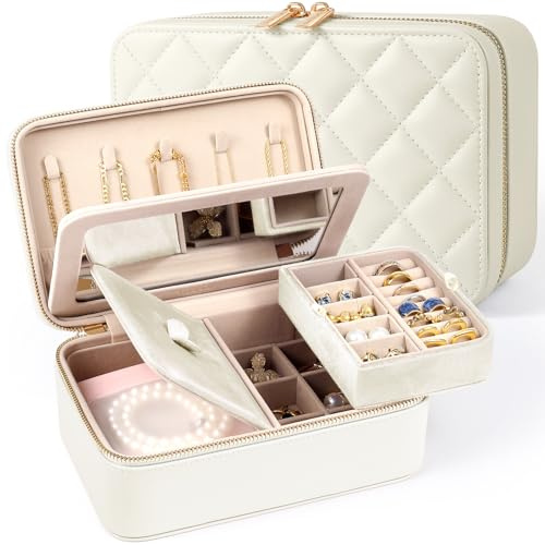 REVEMCN Schmuckkästchen mit Spiegel und 2 Ebenen, Reise Schmuck Organizer für Damen und Mädchen, geräumige Schmuckaufbewahrung mit 6 Anlaufschutz Schmuckbeuteln, Geschenke für Frauen (Beige)