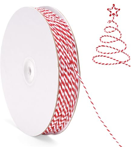 G2PLUS 100m Cuerda de Algodón,2mm Cordel de Algodón,Cordon Rojo y Blanco | Cuerda para Envolver Regalos,Decoración DIY,Navidad,Panadero,Manualidades
