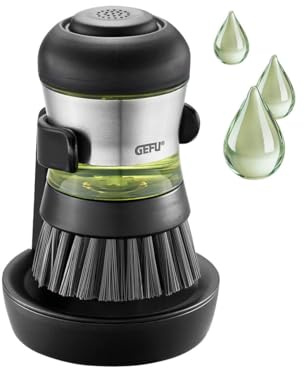 GEFU Spülbürste Swift mit Spülmittelspender & Halterung, 50 ml | Ergonomische Abwaschbürste mit robusten Nylonborsten, Edelstahl-Elementen und praktischem Abtropfbehälter für Ordnung