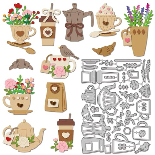 GLOBLELAND Stanzschablonen Set, Metall Stanzformen aus Kohlenstoffstahl, 35 Stück, Teetassen und Blumen Design, 15,1x11 cm, für Scrapbooking und Kartengestaltung