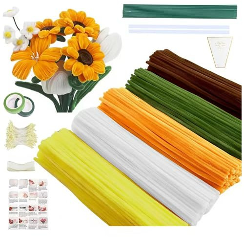 500 Stück Pfeifenreiniger Blumen Set mit Anleitung, Pfeifenputzer Zum Basteln, Pipe Cleaner Flower Set, Pfeifenputzer Blumen, Mit Blumenstöcke, Bänder, Staubgefäße Etc, Für DIY Basteln Und Dekorieren