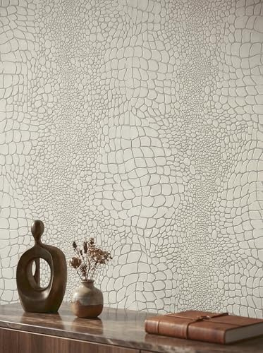 Newroom Vliestapete Creme Blumentapete Floral Wohnzimmer Schlafzimmer | Kroko-Reptil-Optik, Prägung mit dezentem Glanz, Glamour Elegant, Wandtapete Mustertapete ansatzfrei, Flur Büro