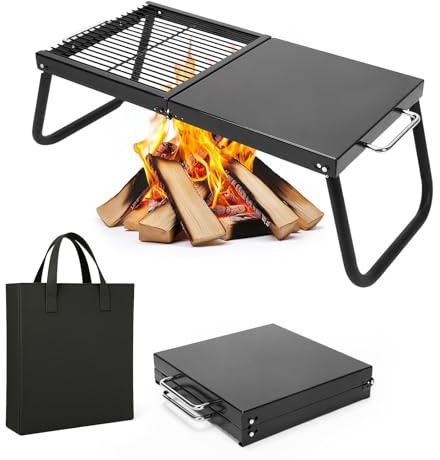 GFTIME Fällbar grill lägereld bordsgrill med grillgaller och grillplatta, 57 x 28 cm grillgaller hopfällbar med bärväska, lägereld grillgaller, för lägereld, picknick BBQ och trädgårdsfester