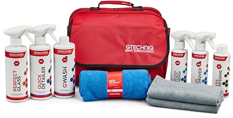 Gtechniq Essential Maintenance Car Care Kit, 11-Piece | Includes Shampoo, Tyre Dressing, Detailer, Microfibre Drying Towel, Microfibre Buff Cloths and Kit Bag, Keeps Car Glossy and Clean