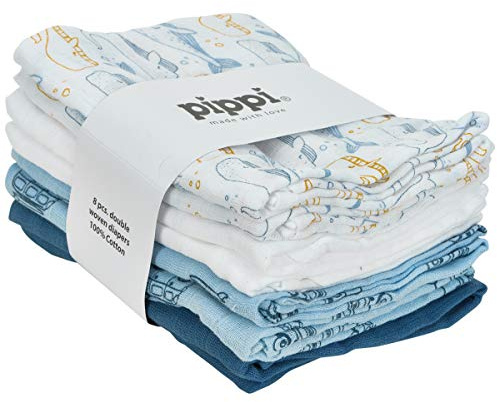 Pippi Mullwindeln Set ❁ Spucktücher 8er Pack Stoffwindeln ❁ Baumwolle (Wale + Autos)