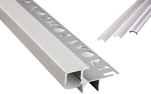 T-40 LED Alu Fliesenprofil Treppenprofil Stufen 12mm silber + Abdeckung Abschlussleiste Fliesen für LED-Streifen-Strip 2m opal
