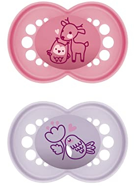 MAM Original Schnuller im 2er-Set, zahnfreundlicher Baby Schnuller aus nachhaltigen & bio-erneuerbaren Materialien, Sauger aus MAM SkinSoft Silikon, mit Schnullerbox, 6-16 Monate, Reh/Vogel