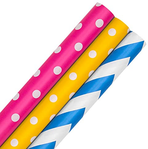 Hallmark Wrapping Paper, Roll Wrap, Pack of 3, 3 Colours, Pink, Yellow, Blue, Polka Dot and Zig Zags, 2M Each