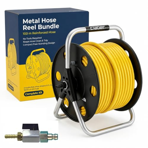 100m Window Cleaner Metal Hose Reel by Bayersan - Professional Quality 100m 6 mm Hose on High Quality Hose Reel - For Window Cleaners & Pole Systems (Mini Hosetail Connector Tap Assembly for Minibore)