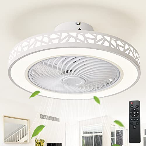 JUTIFAN Ceiling Fan with Lights Remote Control, 19 Modern Low Profile Ceiling Fan with 3 Color Changing, Enclosed Ceiling Fan Led Fan Lights with Timing for Bedroom, Living Room