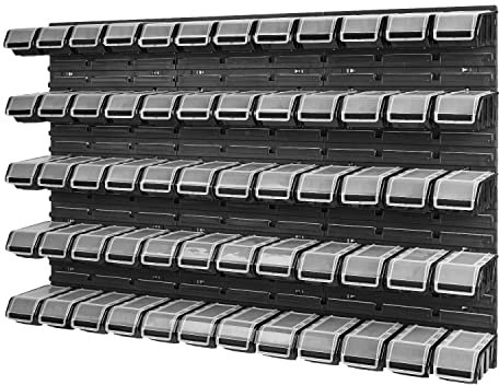 PAFEN Stapelbox Wandregal - 1158 x 780 mm - Lagersystem 60 Stück Boxen mit Deckel - Lagerregal Sichtlagerkästen Schüttenregal, Schwarz