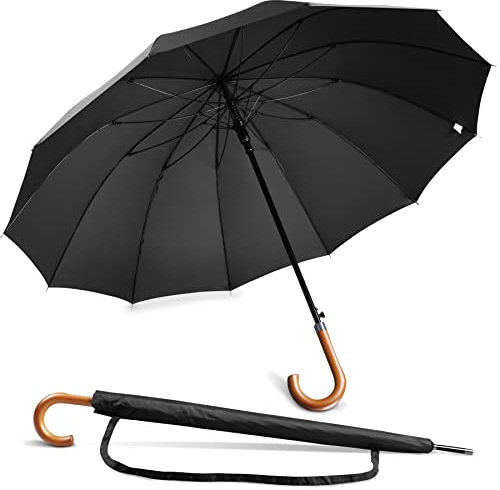 NINEMAX Large Umbrella Windproof Strong, Umbrella Wooden Handle, Classic Walking Stick Umbrellas for Men Women, Stick 12 Ribs (Black)