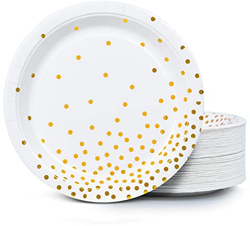 Pappteller für Partys, 100er-Pack Einwegteller, Weiß und Gold mit Folien-Punkten, ca. 23 cm
