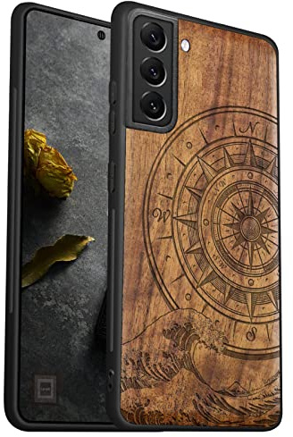 Carveit Étui en Bois pour Galaxy S22, (Noyer-Boussole Vagues) | [Gravure Laser Bois Coque] Souple TPU Silicone de Téléphone Compatible avec Samsung Galaxy S22 Étui Protection