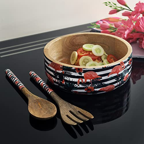 A VINTAGE AFFAIR- HOME DECOR Wooden Decorative Tropical Flamingo Wooden Salad Bowls with Servers Set for Home Office Special Occasion Gift and Birthday - Multicolor