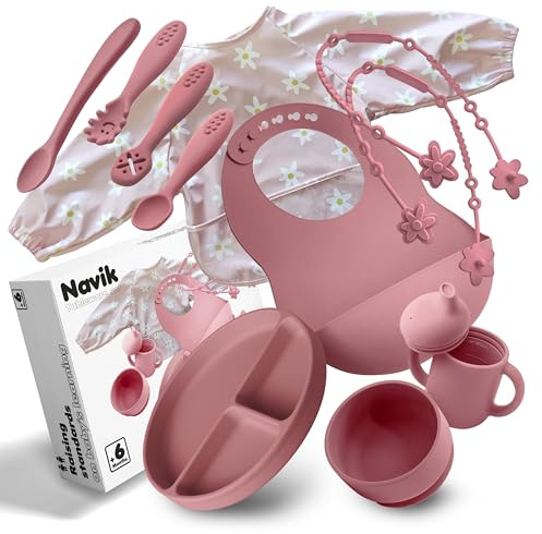 Navik | Juego vajilla bebe de silicona 12 piezas | Incluye plato ventosa dividido | vaso aprendizaje | cuchara | cuenco ventosa | +6 meses | rosa
