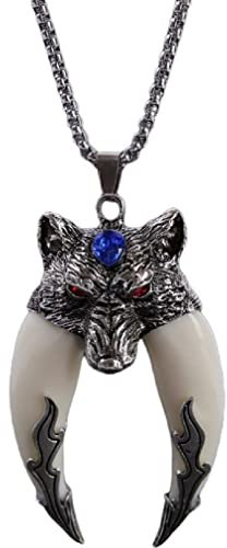 PikaLF Wolf-Zahn-Anhänger-Halskette - Nordische Wikinger-Wolfskopf-Halskette mit 27,6 Kette, Indian Teeth Tribe Amulett-Halskette