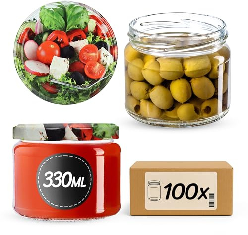 KADAX Tarros de conservas con tapa de rosca, tarros de mermelada de 330 ml, tarros para mermeladas, mermeladas, miel, tarros con tapón de rosca (ensalada/100 unidades)