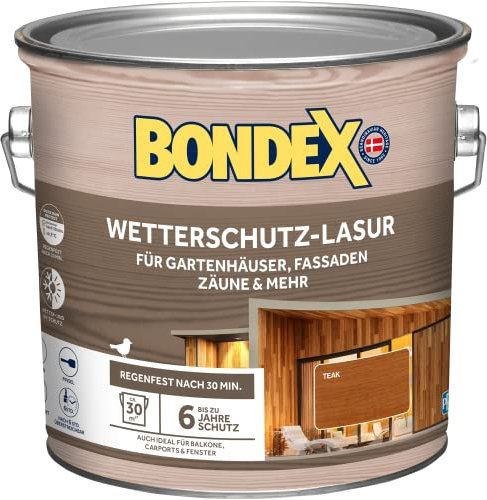 Bondex Wetterschutz Lasur Teak 2,5 L für 30 m² | Tropf- und Spritzgehemmt | Exzellenter UV-Schutz | Sichere Anwendung ab 2 °C | seidenmatt | Wetterschutzlasur | Holzlasur