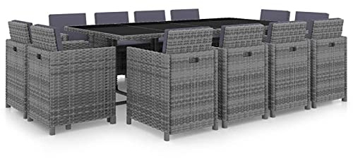 Gecheer 13-TLG. Garten Essgruppe, Terrassenmöbel Set 12 Personen, Sitzgruppe Metall Esstisch mit Glas-Tischplatte & 12 Poly Rattan Stühle mit Auflagen, Gartenmöbel Set Anthrazit