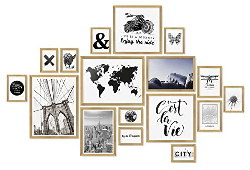 PHOTOLINI goldene Bilderrahmen Set verschiedene Größen, 17 Bilderrahmen Holz MDF gold, Bilder Rahmen mit Acrylglas, Bilderrahmenset zum Aufhängen, Fotorahmen Set mit Zubehör für Fotos & Poster