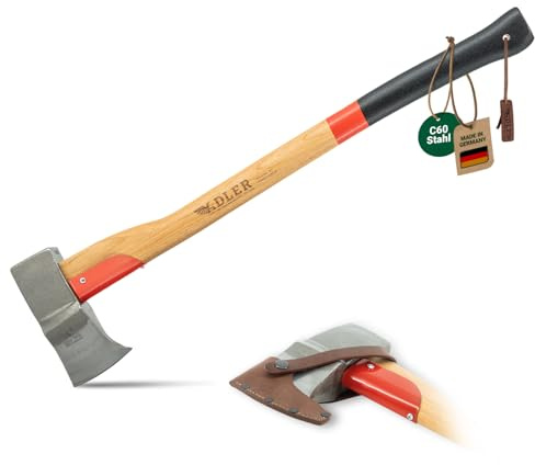 ADLER Spaltaxt inkl. Lederschutz: Geschmiedete Axt zum Holz spalten, Holzaxt mit C60-Stahlkopf & 80 cm Hickory-Stiel, Outdoor- & Forstaxt mit hoher Spaltwirkung, 3-Fach Verkeilung, Rot/schwarz, 2 kg