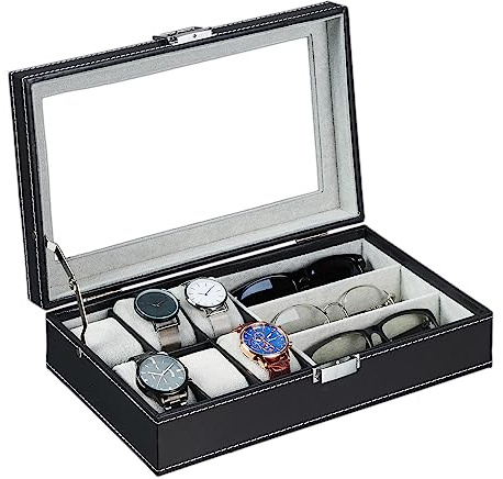 Relaxdays Schmuckaufbewahrung, Lederoptik, Schmuckkästchen für Armbänder, Brillen & Uhren, HBT: 9x33x20,5 cm, schwarz