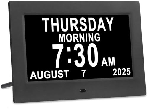 Golony 7-inch Large Dementia Clock.Displays month,day and time.Large-digit alarm clock.12 alarm groups.Auto-dimming.Suitable for elderly users.Black.