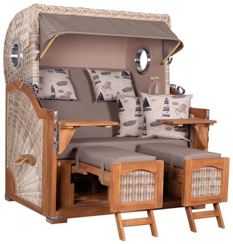 MR. DEKO® Strandkorb Düne Grande XL 2,5-Sitzer Teak | PE Geflecht Shell - Dessin 540 | Volllieger Strandstuhl mit Bullauge inkl. 2 Fußablagen | je 2 Kissen und Nackenkissen | Strandkörbe aus Teakholz
