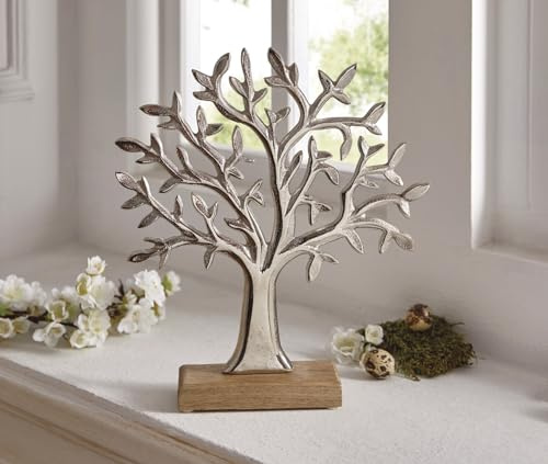 Dekoleidenschaft Baum Silber aus Aluminium & Mango Holz, Dekofigur 31 cm hoch, Tischdeko, Moderne Figur, Skulptur