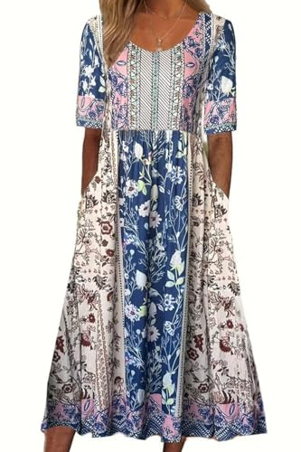 ABYOVRT Vestidos Largos Verano para Mujer Maxi Casual Estampada Retro Vestido de Manga Corta Informal Vestido de Playa con Bolsillos,M