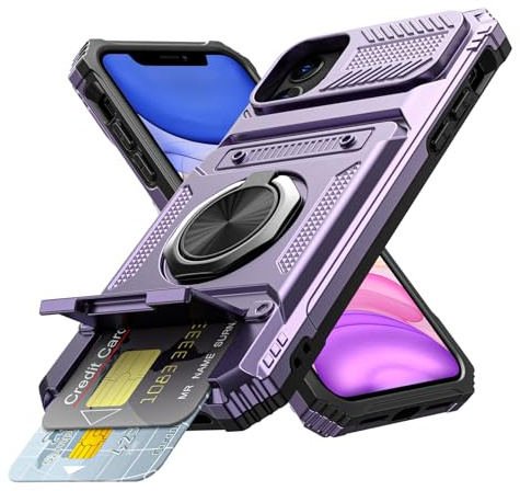 Coolden for iPhone 11 Case with Card Holder [Max 2 Cards] Ring Kickstand Armor Shockproof Military Grade Dual Layer Heavy Duty Protective Case Wallet Case Cover for iPhone 11 Phone Case-Purple