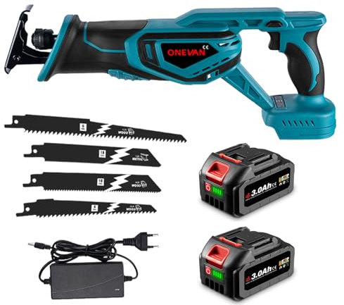 ONEVAN Säbelsäge Akku mit 2x3.0Ah Akkus, 41mm Hubhöhe, 3000RPM Reciprosäge Fuchsschwanz Säge Elektrisch Tigersäge für Metall Holz PVC, mit 4 Sägeblätter