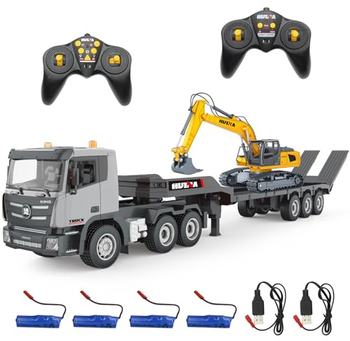 Fistone RC Semi Truck & Excavator Set, 2.4Ghz Remote Control Toys, 1:24 RC Semi-Trailer Engineering Tractor With Sound and Lights, Construction Vehicles for Boys