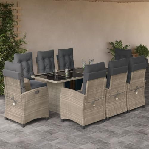 Homgoday 9-TLG. Garten-Essgruppe mit Kissen Gartenmöbel Set Sitzgruppe Gartensessel mit Tisch Gartengarnitur Terrassenmöbel Balkonmöbel Essgruppe für Garten, Terrasse Hellgrau Poly Rattan