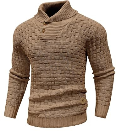HYPESTFIT Men's Textured Stand Collar Button Neck Jumper Warm Long Sleeve